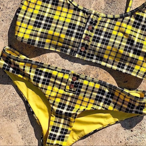 FRANKIES BIKINIS WOMEN SUMMER SWIM PLAID YELLOW BIKINI BOTTOM SIZE XL - Picture 4 of 7